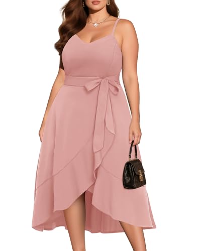 Image of Pinup Fashion Plus Size Cocktail Party Wedding Guest Semi Formal Midi Dress | Sexy V-neck, adjustable spaghetti strap, belted waist, fit and flare, flowy high-low ruffle hem, ideal for prom, homecoming