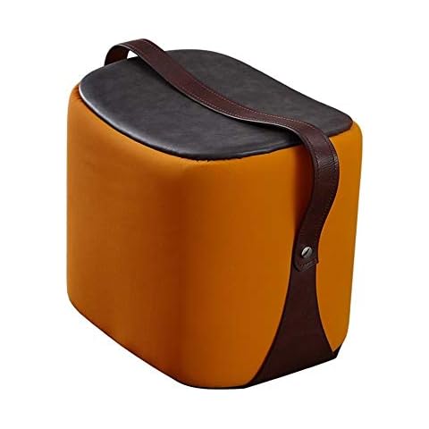 Portable Ottoman Stool With Handle/PU Leather Upholstered Footstool/Solid Wood Construction Footrest Stool Change Shoe Saddle Stool (Color : Orange) Cover