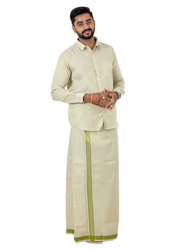 Image of RAMRAJ COTTON Men Gold Tissue Jacquard Full Sleeves Shirt with Matching Dhoti Set
