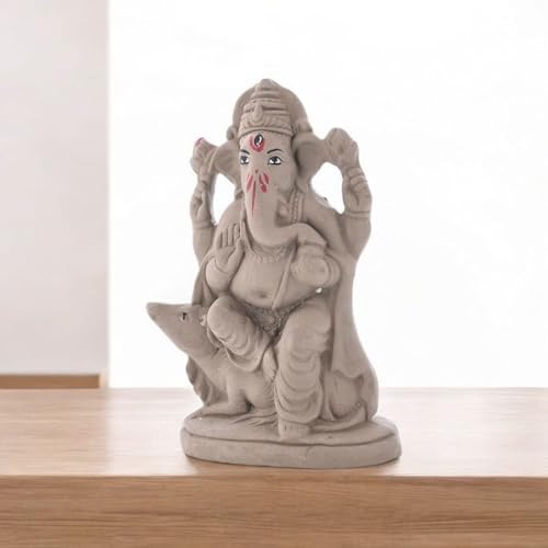 Image of SAUDEEP INDIA 6 Inch Mitti Ganesh Idol | Eco-Friendly Handcrafted Mud /Clay Ganesh Murti | Ganpati Figurine for Visarjan | Biodegradable Mushak Ganesha Statue | Ganesh Chaturthi