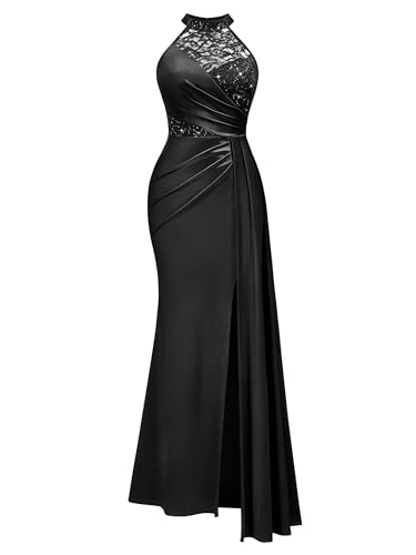 Miusol Women's Sexy Halter Sequin Lace Satin High Split Ruched Style Evening Party Maxi Dress3