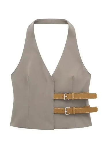 Women's Sleeveless Backless Tank Tops Solid Color Leather Buckle Chic Slim Short Suit Vest Top2