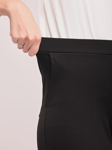 Image of FableStreet Women's Black 4 Way Stretch Livin Trousers | Wide-Leg Design with High-Rise Waist | Solid Pattern & Plain Weave Fabric | Office Wear & Business Meetings