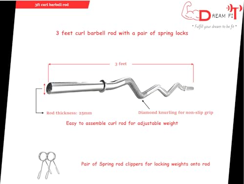 Image of DREAM FIT Premium Solid Chrome Plated 3 feet Curl Rod (25mm thick) with pair of spring locks - barbell bar for home gym