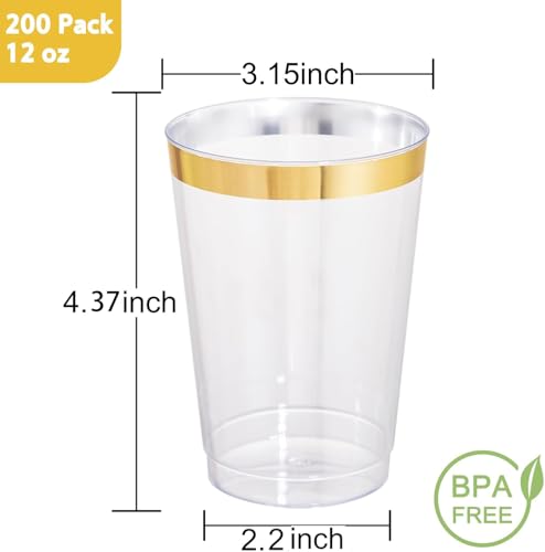 I00000 200 Pack 12 oz Gold Plastic Cups, Gold Rimmed Disposable Cups, Gold Plastic Wine Glasses Plastic Cocktail Glasses Premium Cups with Gold Rim, 12 Ounce Gold Plastic Tumblers For Party