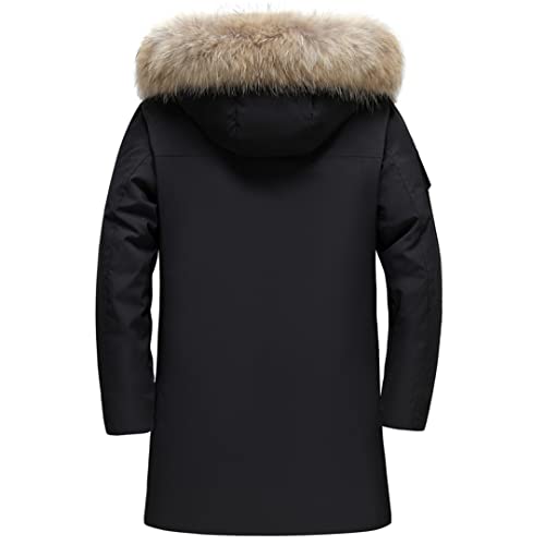 Men Long Hooded Parka Jacket With Fur Collar Men Warm 90% White Duck Down Long Overcoat Lightweight Coat Black #TOP4