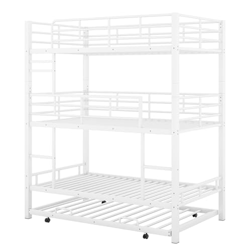 Triple Twin Metal Bunk Bed, Detachable into 3 Single Beds, No Box Spring Needed, for Kids & Adults, White-Twin