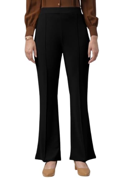 Women's High Waist Bootcut Trousers for Office Wear, Lycra Blend Stretch Bell Bottom Pants with Front Pintuck Seam, Pull-On Regular Fit