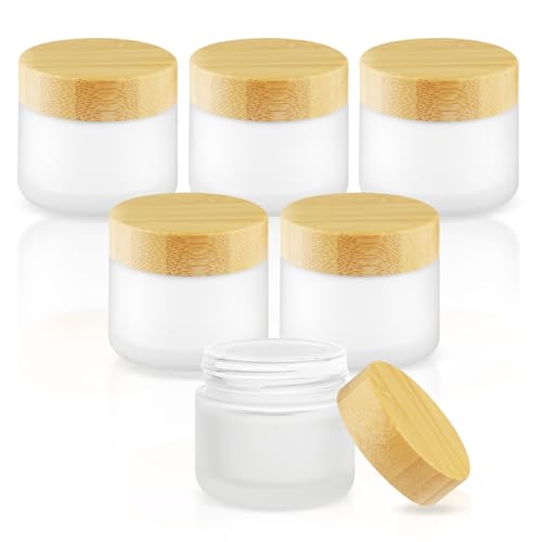6 Pcs 60 Gram Frosted Glass Cosmetic Jars Small Cream Containers with Bamboo Lids Travel Size Skin Care Containers for Essential Oil Powder Lotion Ointments Facial Scrub
