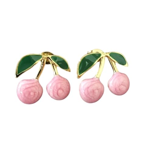 Women's Cute Double Cherry Stud Earrings - Stainless Steel Multi-Color Fruit Jewelry with Green Leaf, Fashion Pierced Ear Accessories for Daily Wear & Gifts (Pink)