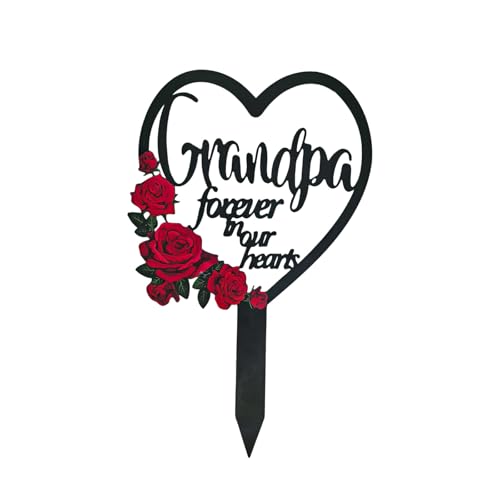 AIM & GGKK Memorial Stake for Grandpa - Metal Heart Grave Marker with Red Roses, Memorial Plaque Cemetery Decor for Grave, Garden, Gravesite