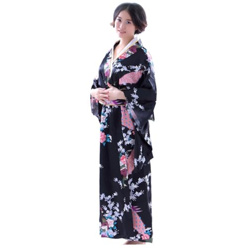 Kimono japonés de bata tradicional para mujer negro imitación seda portátil COLLBATH