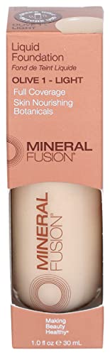 Mineral Fusion Full Coverage Foundation, Liquid Foundation - Olive 1- Light Complexion w/Olive/Green Undertones, Lightweight Matte Finish, Up to 12 Hr Hydration, Hypoallergenic & Vegan, 1 fl. oz