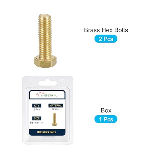 Image of METALLIXITY Hex Head Screw Bolt (3 /8-16x1-1 /4) 2Pcs, Brass Fully Threaded Solid Brass Hex Bolts Machine Screws - for Machinery Repair