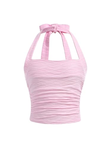 Image of OYOANGLE Girl's Textured Bow Halter Top Summer Sleeveless Slim Fitted Tops