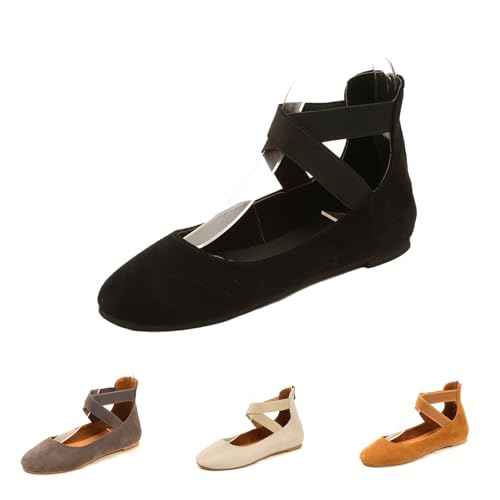 Women's Suede Elastic Strap Ballet Flats with Back Zipper Comfortable Round Toe Soft Sole Non-Slip Elegant Shallow Mouth Low Heel Dress Dance Shoes