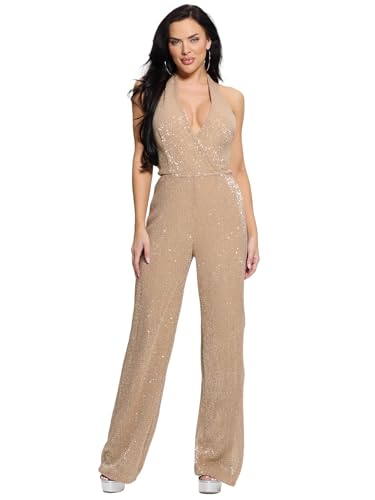 GUESS Womens Sleeveless Suvi Sequin Jumpsuit, Champagne Multi, Extra Small