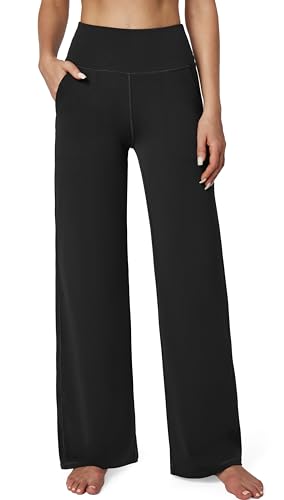 Ewedoos Wide Leg Yoga Pants for Women with Pockets Stretchy Work Dress Pants High Waisted Sweatpants Casual Black