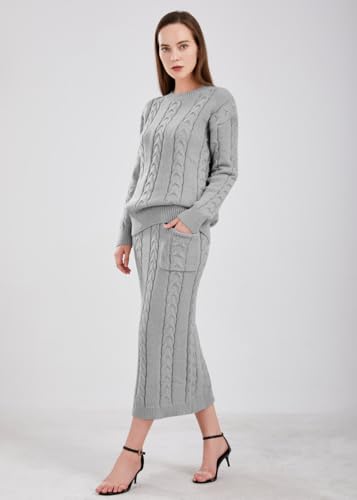 Image of chouyatou Women Winter Casual Chunky Cable Knit Long Pencil Skirt 2 Piece Outfit Oversized Pullover Sweater Sets