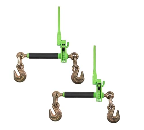 Image of 2 Pack 3 /8 inch-1 /2 inch Hi-Viz Green Heavy Duty Folding Handle Ratchet Load Binder w /Grab Hook 12,000 lbs WLL | Tie Down Hauling Chain Binders for Flatbed Truck Trailer