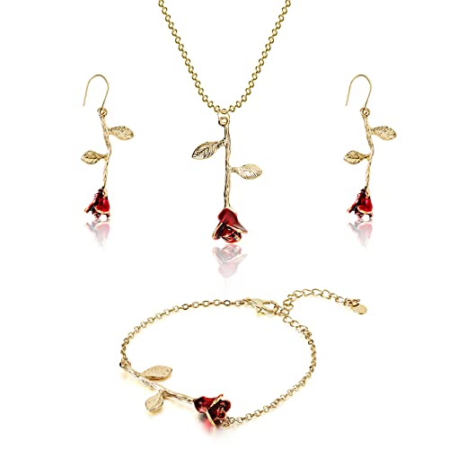 Sureio 18K Gold Plated Jewelry Set Rose Necklace Bracelet Earrings Red Rose Flower Pendant for Christmas Gift Women