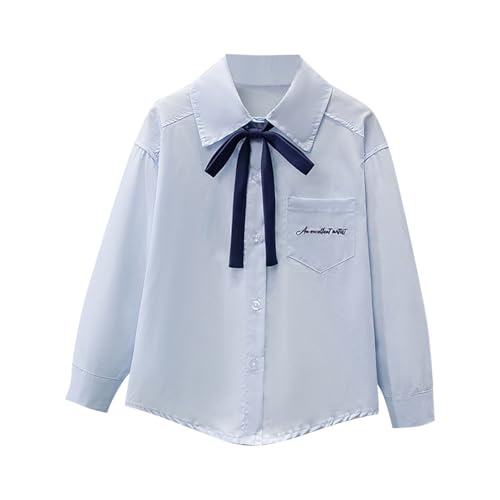 Girls Bowknot Neck Button Down Shirt Elegant Long Sleeve Lapel Collar Blouse School Uniform Tops for 4-15 Years