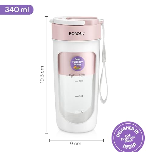 Image of Borosil NutriSip Pink Portable Blender | 40W Low-Noise DC Motor | 340ml Unbreakable PC Jar | USB Rechargeable | Turbo 6 Blade Action | Smoothies, Shakes, Soft Fruit, Protein Mix | 1 Year Warranty