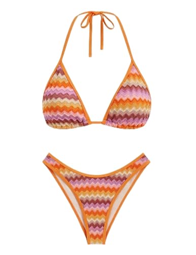 Image of seamoly Women's Bikini Sets Halter Neck Crochet Colorblock Two Piece Swimsuits Open Back Sexy High Cut Thong Bathing Suit