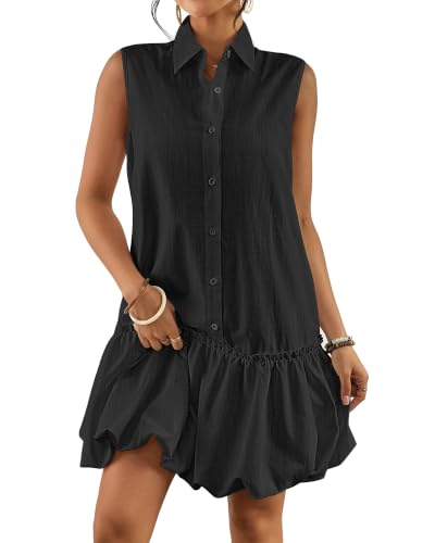 Image of Bsubseach Womens Casual Summer Dresses Sleeveless Linen Bubble Mini Short Dress Button Down Shirt Sundress with Pockets