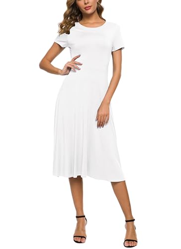 Image of EXCHIC Women's Casual Round Neck Short Sleeve Midi Dress Solid Stretchy Waist Knee Long Dress