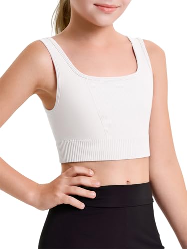 La Mejor Lista de Ropa de punto deportiva para Niña disponible en línea. 46 Haloumoning - brasier deportivo para niñas, sin costuras, acanalado, elástico, para baile, yoga, 5-14 años, Blanco, 7-8 Años