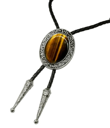 Image of Moranse Bolo Tie with Natural Tiger Eye Stone Celtic Style Genuine and Cowhide Rope