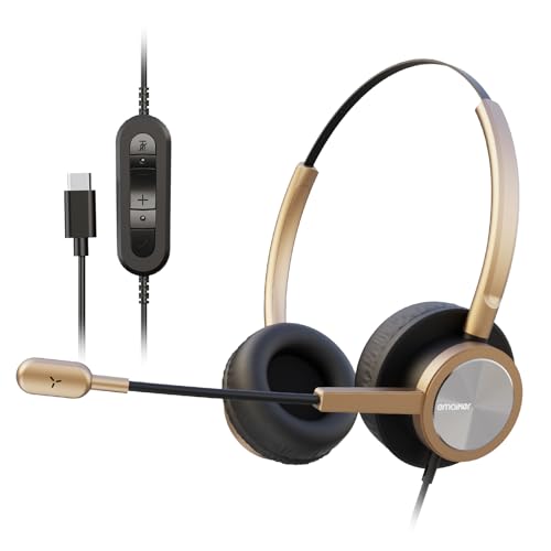 USB Type C Headphones with Noise Canceling Mic, Gold USB-C Headset with Mic Lightweight Comfort Fit for Call Center Office Work, for Teams, Zoom, Dragon Dictation, Google Meet,Cable 7.6ft
