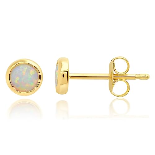 MAX + STONE Solid 14k Gold Bezel Set Round Small 4mm Created Opal Stud Earrings for Women with Push Backs October Birthstone Yellow Gold Earrings