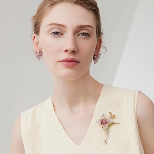 Image of Handmade Embroidery Flower Brooch Pins for Women, SHE'S FREE STYLE JUST FOR YOU Luxury Gradient Stitching Floral Brooch Pins with Crystal stamen, Enamel Metal Butterfly with Green Leaves, Hand Dripping Oil Jewelry pins