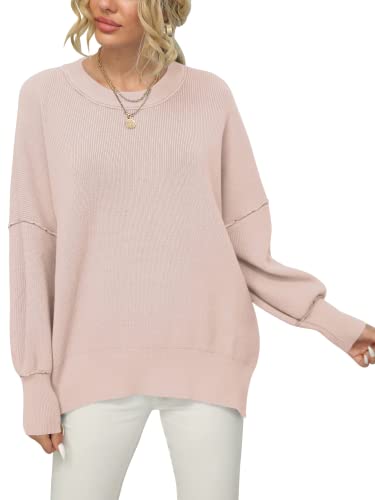 Popular Winter Coldproof Soft Touch Oversized Pink Sweater For Women Trendy Casual Low Crewneck Batwing Loose Long Sleeve Ribbed Knit Pullover Top M #TOP1