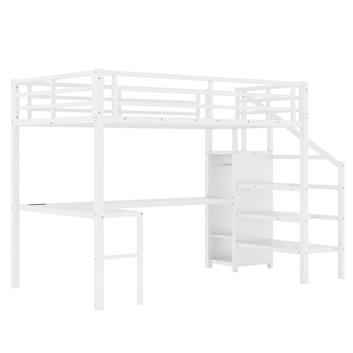 Image of Bellemave Full Size Loft Bed with Desk and Wardrobe Storage Stairs and Wardrobe, LED USB, Loft Bed Full Size for Teens Metal, White