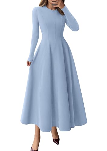 PRETTYGARDEN Cocktail Dresses for Women 2026 Elegant Classy Fall Long Sleeve Midi A Line Flowy Modest Winter Party Dress (Light Blue,Medium)