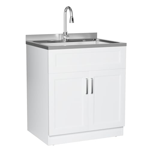 Image of Laundry Sink with Cabinet, Full Body Durable Stainless Steel, 30-Inch Wider Stainless Steel Utility Sink, Multi-Use for Laundry, Kitchen, Bathroom, Garage