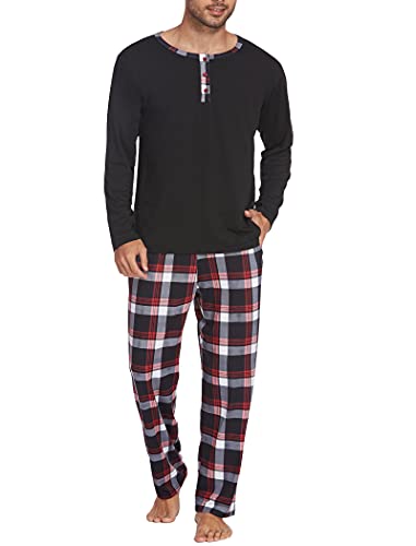 Ekouaer Herren Schlafanzug Lang Pyjama Baumwolle Langarm Shirt mit Tasche Pyjamahose Zweiteilig Set Nachtwäsche Schwarz L