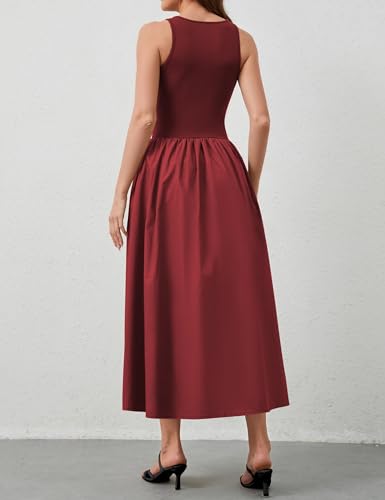 Image of MISSACTIVER Crewneck Sleeveless Maxi Dress for Women Summer Flowy Patchwork Tank Top Long Dresses with Pockets Red, X-Large