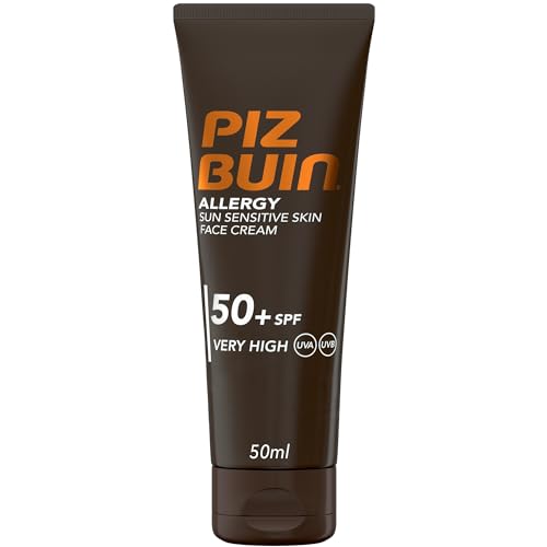 PIZ BUIN Allergy Crema Solare Viso SPF 50+, Protezione solare viso 50+ per pelli delicate e sensibili al sole, Crema viso SPF 50+ con filtro solare UVA/UVB e resistente all'acqua, 50 ml