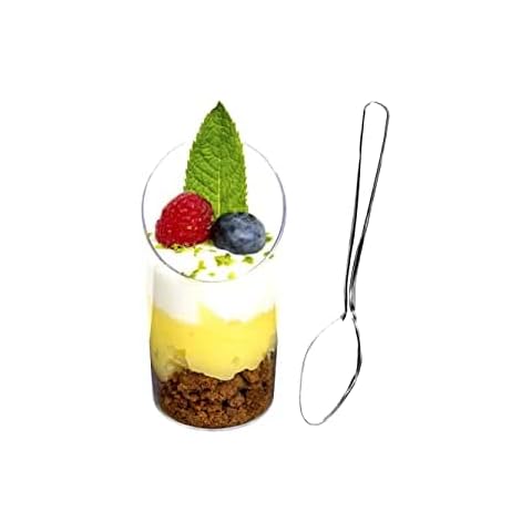 DLux 32 x 2.5 oz Mini Dessert Cups with Spoons, Slanted Round - Clear Plastic Parfait Appetizer Cup - Small Reusable Serving Bowl for Tasting Party Desserts Appetizers - with Recipe Ebook Cover