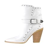  Only maker Damen Halbstiefel mit Blockabsatz Spitze Cowboystiefel Knöchelstiefel Warm gefürtterte Kurzschaft Stiefeletten mit Absatz Weiß EU 42