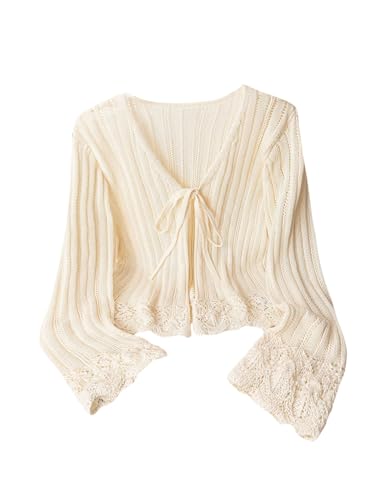 OYOANGLE Women's Tie Front Cardigan Long Sleeve V Neck Cropped Crochet Sweater Tops Knitwear
