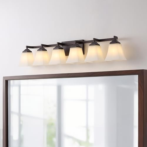 Image of JONATHAN Y 39.5 inch Oil Rubbed Bronze White 6-Light Metal Glass Rectangular Vanity Light Wall Sconce Traditional Transitional for Bathroom with Frosted Glass Shade Damp Rated LED Bulbs Included JYL7623A