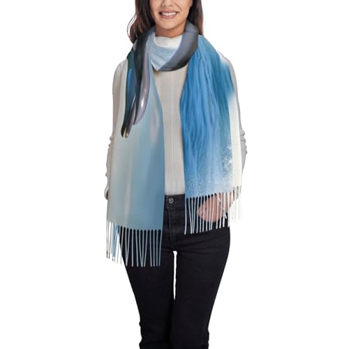 Écharpe à pompons imprimée dauphins longue et chaude | Accessoire tendance noir
