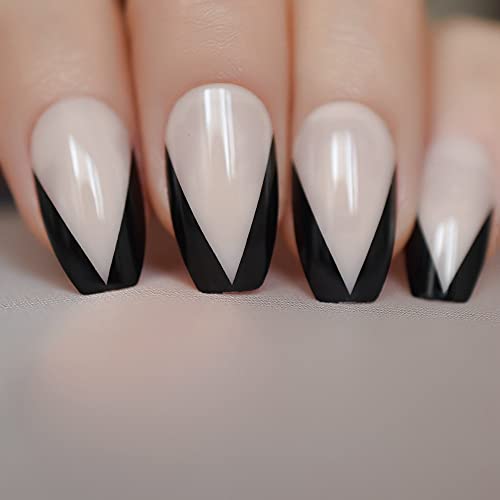 24Pcs Beige Nude Glossy Ballerina Short Nails Press On Coffin Nails Tips Black V Designer French Full Cover False Nails Set For Women And Girls #TOP1