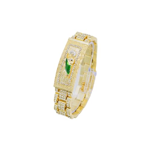 San Judas Tadeo Gold Plated Rectangular Strap Bracelet - St. Jude Religious Jewelry with 360° Crystal Stones Watch Band for Women & Men(Green/Gold Robe Design)