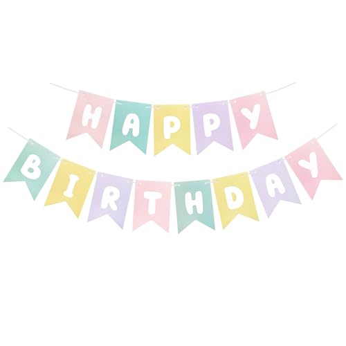 Image of Runhiskii Pastel Happy Birthday Banner, Rainbow Birthday Bunting Sign for Women Girls Boys Birthday Party Decorations, Reusable Girls Party Backdrop Light Pink Blue Purple Yellow